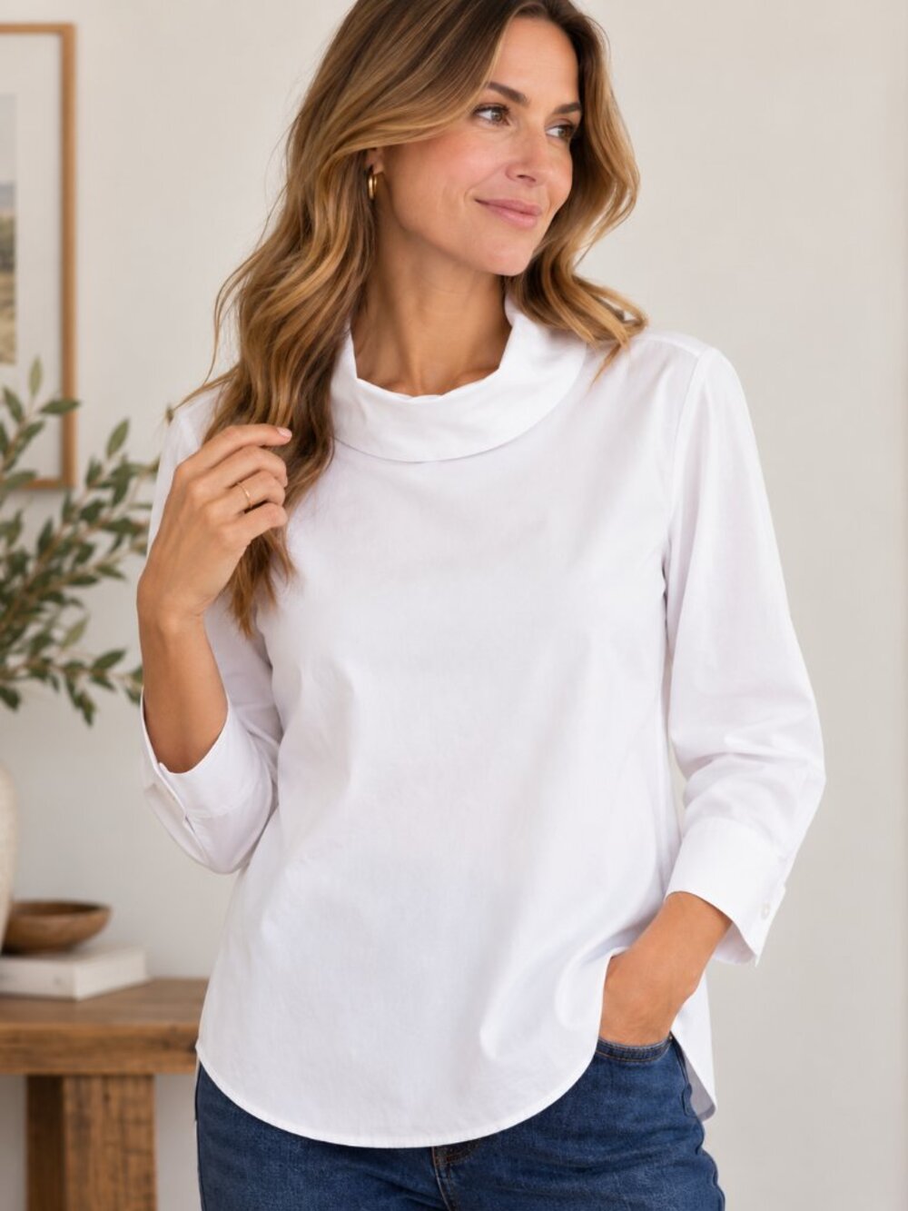 Talbots W M White Cotton Stretch Cowl Neck Blouse Tunic Top Preppy Classic 1479